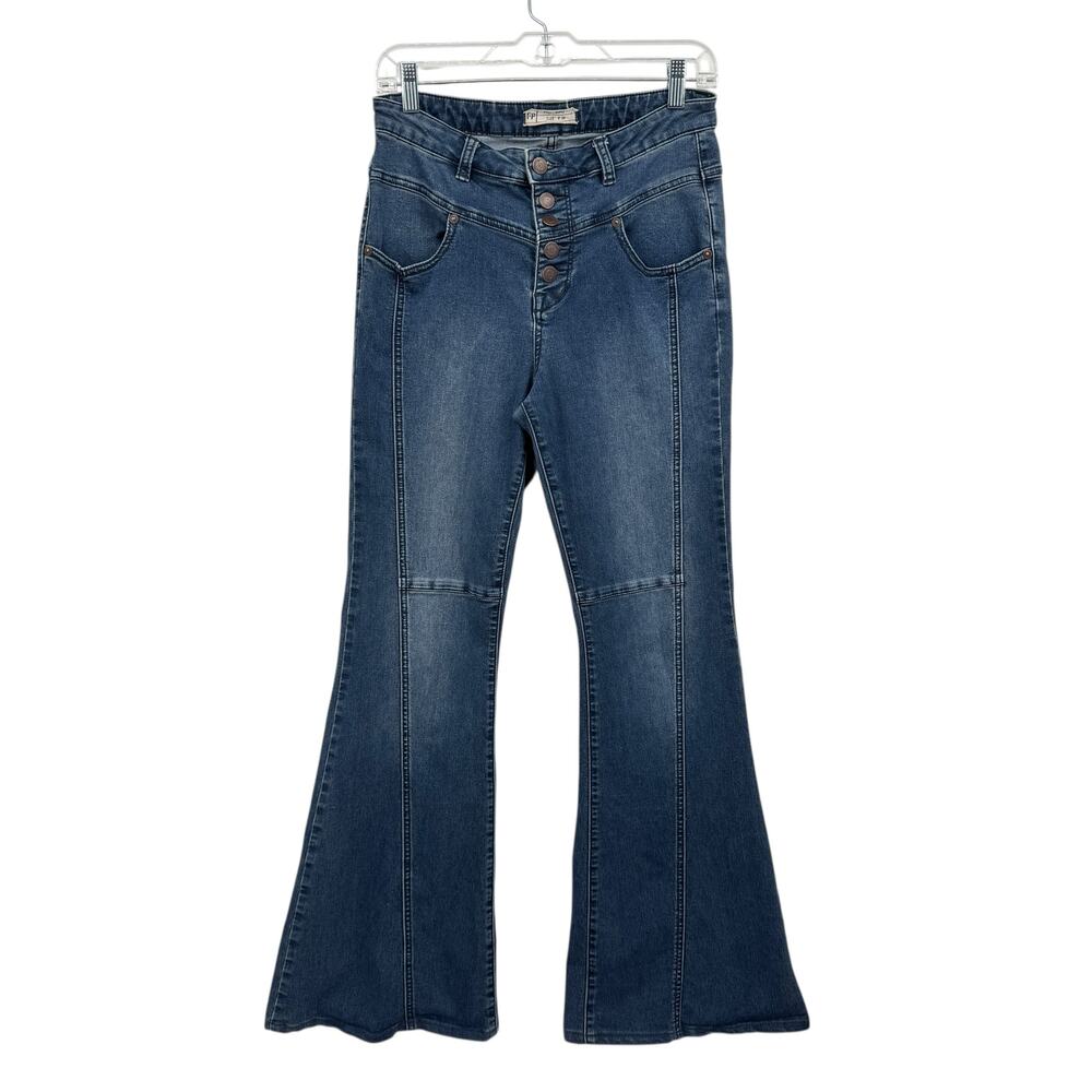 Free People Flare Jeans Yoke Exposed Button Fly 29 Women's Blue Stretch Festival